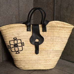 Cesta con asas de piel bordada A fleur de Rance en algodón y lino